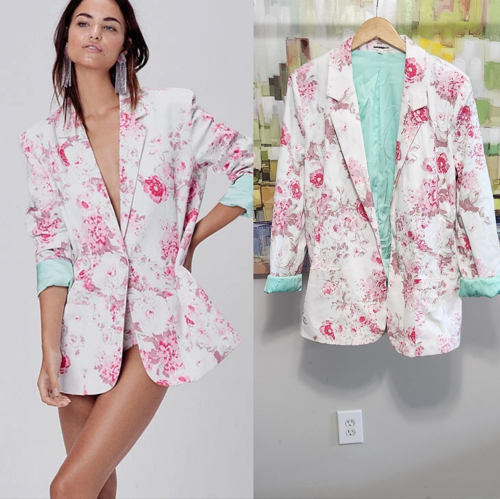 New!For Love And Lemons Weston Denim Floral Women's Blazer - Pink And White
